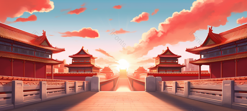 气势恢宏的中国风建筑故宫城墙城楼红墙黄瓦手绘背景,插画/手绘图,插画/手绘图库,插画/手绘图下载,插画/手绘